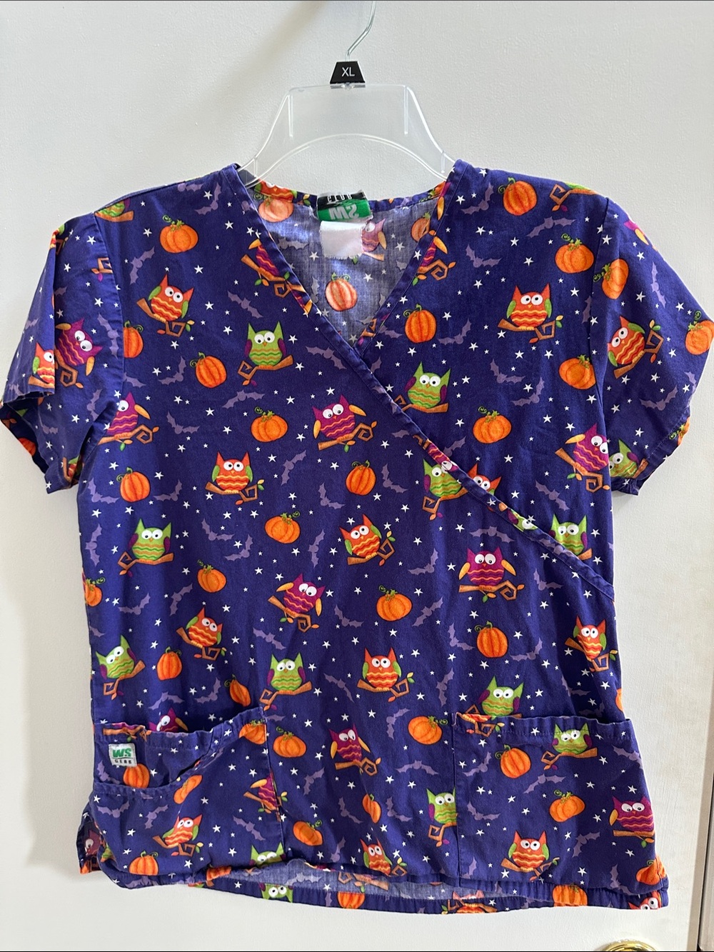 Halloween Owl Print Scrub Top - Purple